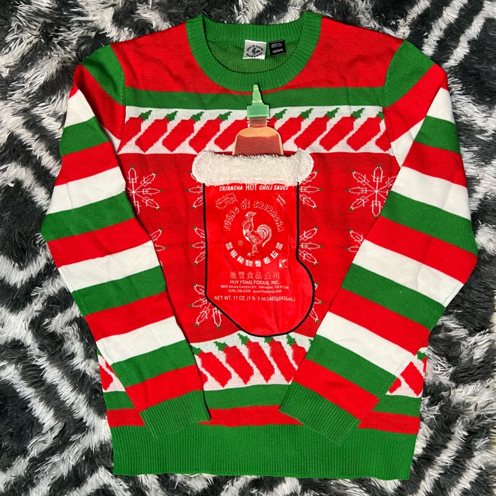 Sriracha Holiday Ugly Christmas Sweater Hot Chili Sauce Red and Green Size L EUC